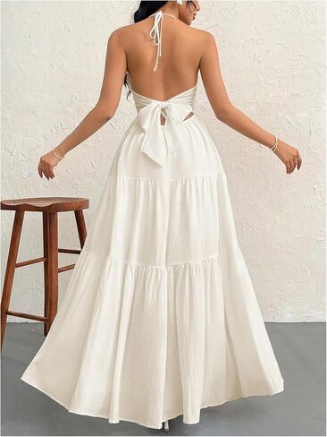 SHENHE Women's Deep V Neck Tie Knot Backless Halter Dress A Line Flowy Ruffle Maxi Dress in Saudi Arabia