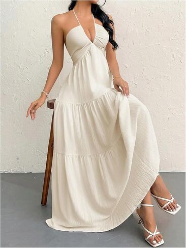 SHENHE Women's Deep V Neck Tie Knot Backless Halter Dress A Line Flowy Ruffle Maxi Dress in Saudi Arabia