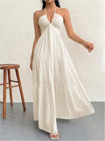 SHENHE Women's Deep V Neck Tie Knot Backless Halter Dress A Line Flowy Ruffle Maxi Dress in Saudi Arabia