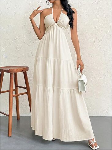 SHENHE Women's Deep V Neck Tie Knot Backless Halter Dress A Line Flowy Ruffle Maxi Dress in Saudi Arabia