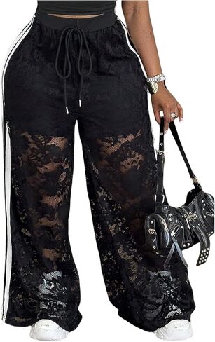 Women's Y2k Plus Size Lace Baggy Pants Side Striped Sheer Mesh Elastic Waist Wide Leg Track Pants in Saudi Arabia