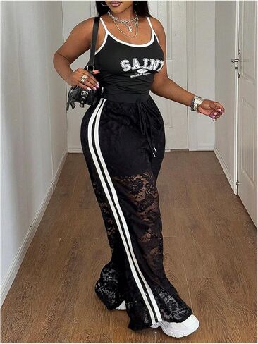 Women's Y2k Plus Size Lace Baggy Pants Side Striped Sheer Mesh Elastic Waist Wide Leg Track Pants in Saudi Arabia