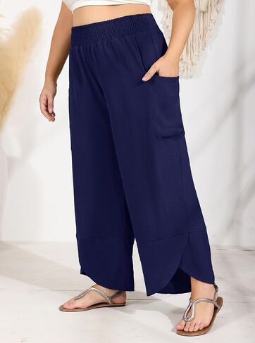 سيكينو للسيدات بالإضافة إلى سراويل قصر الساق العريضة الساقين عالية الخصر بوهو فضفاضة سراويل شاطئ بانت تدفق مع جيوب in Kuwait