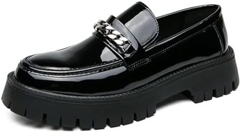 Men's Shiny Metallic Leather Slip-On Loafers with Chain Detail Lightweight Round Toe Chunky Sole Moccasins for Party Casual and Daily Wear in Saudi Arabia