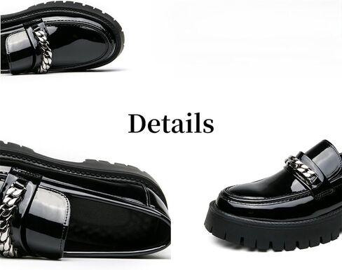 Men's Shiny Metallic Leather Slip-On Loafers with Chain Detail Lightweight Round Toe Chunky Sole Moccasins for Party Casual and Daily Wear in Saudi Arabia