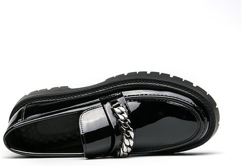 Men's Shiny Metallic Leather Slip-On Loafers with Chain Detail Lightweight Round Toe Chunky Sole Moccasins for Party Casual and Daily Wear in Saudi Arabia