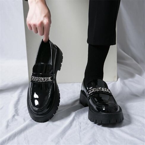 Men's Shiny Metallic Leather Slip-On Loafers with Chain Detail Lightweight Round Toe Chunky Sole Moccasins for Party Casual and Daily Wear in Saudi Arabia