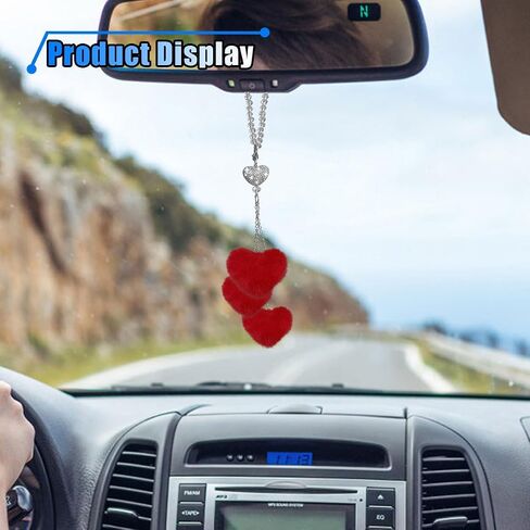 Bling Car Rear View Mirror Accessories, Rhinestone Love Heart & Plush Ball Car Rear View Mirror Charm, Lucky Car Mirror Hanging Ornament, Cute Car Decoration Pendant for Women (Pink) in Saudi Arabia