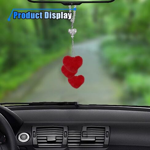 Bling Car Rear View Mirror Accessories, Rhinestone Love Heart & Plush Ball Car Rear View Mirror Charm, Lucky Car Mirror Hanging Ornament, Cute Car Decoration Pendant for Women (Pink) in Saudi Arabia