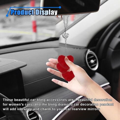 Bling Car Rear View Mirror Accessories, Rhinestone Love Heart & Plush Ball Car Rear View Mirror Charm, Lucky Car Mirror Hanging Ornament, Cute Car Decoration Pendant for Women (Pink) in Saudi Arabia