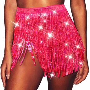Sequin Tassel Skirt Belly Dance Skirt Sparkly Hip Scarf Skirt Halloween Rave Costume for Women Gold in Kuwait