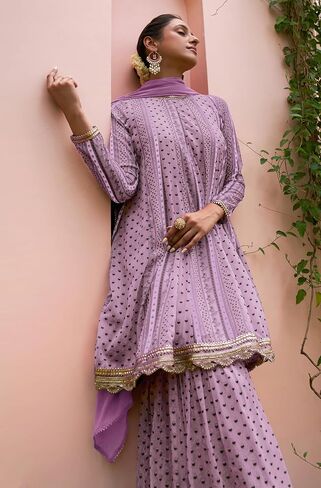 Janasya Indian Women's Kurta Kurti مجموعة للنساء Georgette Fit & Flare Lavender Floral فوق الركبة Kurta Kurti in Saudi Arabia