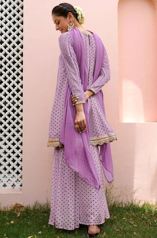 Janasya Indian Women's Kurta Kurti مجموعة للنساء Georgette Fit & Flare Lavender Floral فوق الركبة Kurta Kurti in Saudi Arabia