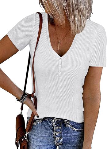 ATHMILE Womens Summer Short Sleeve V Neck Ribbed Knit Button Tunic Henley Solid Color Trendy BasicTee in Saudi Arabia