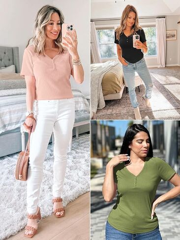ATHMILE Womens Summer Short Sleeve V Neck Ribbed Knit Button Tunic Henley Solid Color Trendy BasicTee in Saudi Arabia