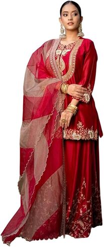 Women's Chinon Silk Sequence Embroidery Work Straight Kurti With Sharara Suit and Dupatta Set in Saudi Arabia