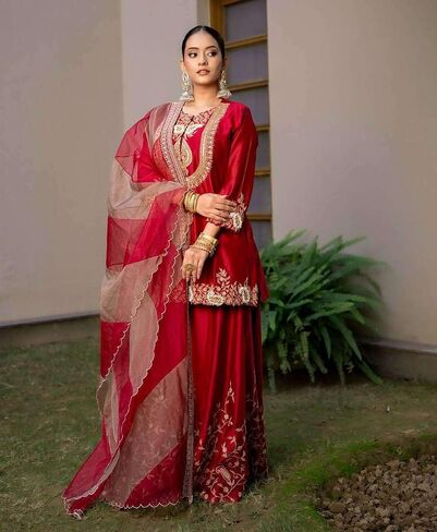 Women's Chinon Silk Sequence Embroidery Work Straight Kurti With Sharara Suit and Dupatta Set in Saudi Arabia