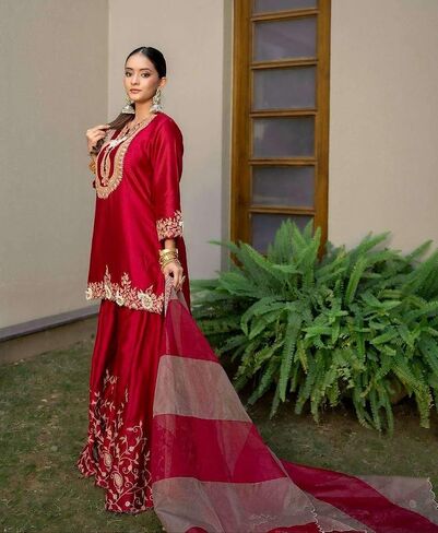 Women's Chinon Silk Sequence Embroidery Work Straight Kurti With Sharara Suit and Dupatta Set in Saudi Arabia