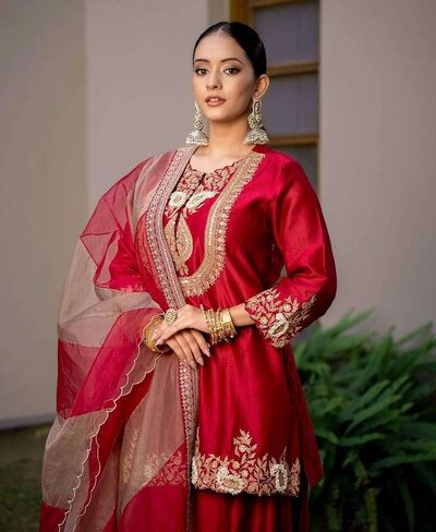 Women's Chinon Silk Sequence Embroidery Work Straight Kurti With Sharara Suit and Dupatta Set in Saudi Arabia
