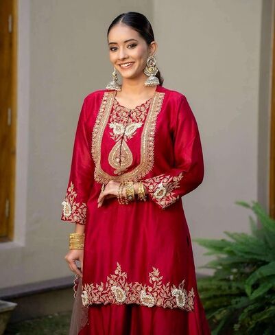 Women's Chinon Silk Sequence Embroidery Work Straight Kurti With Sharara Suit and Dupatta Set in Saudi Arabia