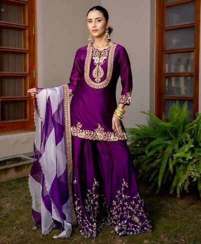 تسلسل حرير شينون للنساء أعمال التطريز مباشرة مع بدلة شارارا ومجموعة DuPatta in Saudi Arabia