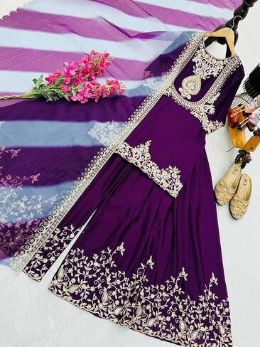 تسلسل حرير شينون للنساء أعمال التطريز مباشرة مع بدلة شارارا ومجموعة DuPatta in Saudi Arabia