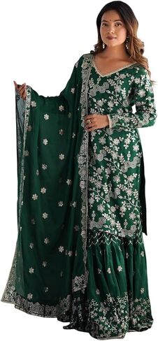 Women's Chinon Silk Sequence Embroidery Work Straight Kurti With Sharara Suit and Dupatta Set in Saudi Arabia
