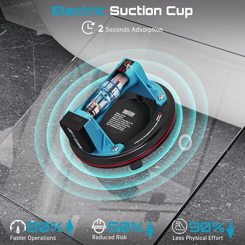 رافع أكواب شفط زجاجية كهربائية من سيسي مع بطاريتين، أداة شفط بلاط 8 بوصة، أكواب شفط كهربائية شديدة التحمل بسعة 600 رطل لرفع الزجاج الكبير والبلاط والمعادن والأثاث (عبوة واحدة) in Kuwait