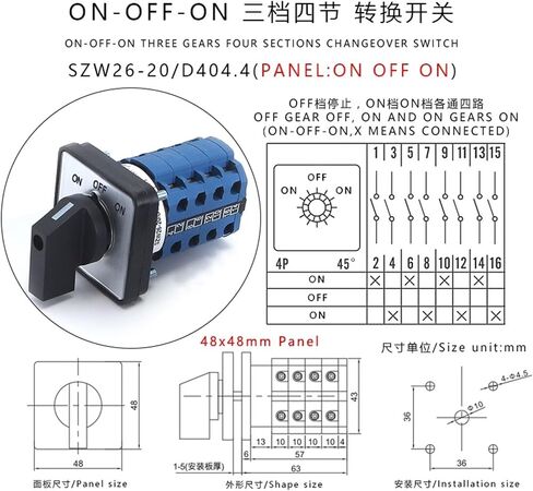 1pcs SZW26/LW26-20/D404.4 ON Off ON 20A 4Pole 16 Terminals 64X64/48X48 Mm Panel Electric Reversing Cam Changeover Rotary Switch(D404.4 ON Off ON 48) in Kuwait
