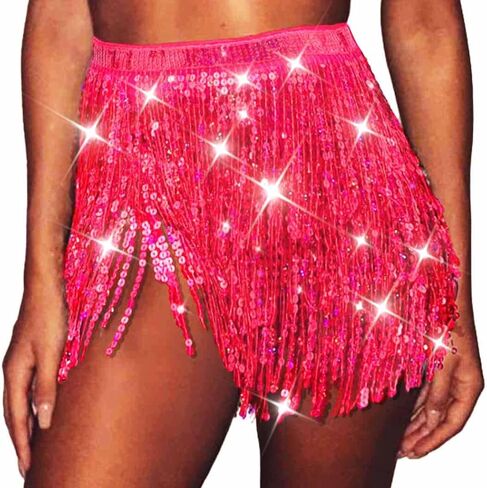 Sequin Tassel Skirt Belly Dance Skirt Sparkly Hip Scarf Skirt Halloween Rave Costume for Women Gold in Kuwait