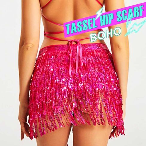 Sequin Tassel Skirt Belly Dance Skirt Sparkly Hip Scarf Skirt Halloween Rave Costume for Women Gold in Kuwait