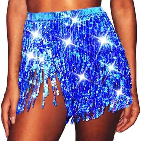 Sequin Tassel Skirt Belly Dance Skirt Sparkly Hip Scarf Skirt Halloween Rave Costume for Women Gold in Saudi Arabia