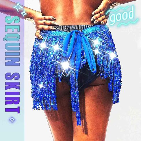 Sequin Tassel Skirt Belly Dance Skirt Sparkly Hip Scarf Skirt Halloween Rave Costume for Women Gold in Saudi Arabia