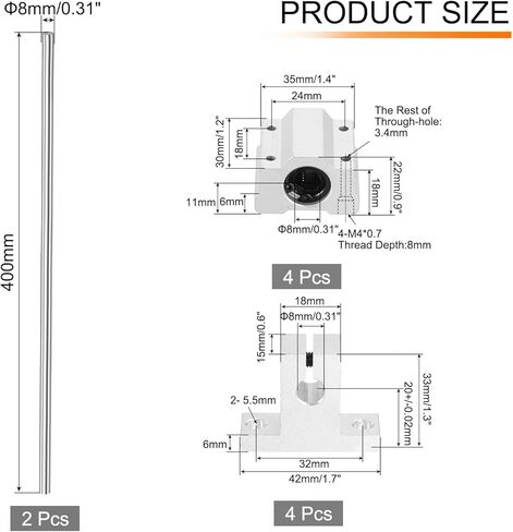 uxcell 2 قطعة 8 مم × 150 مم دليل منزلق عمود الحركة الخطية مع 4 قطع محامل SCS8UU و4 قطع SK8 دعم السكك الحديدية مجموعة دليل عمود الحركة الخطية للطابعة ثلاثية الأبعاد لآلة CNC، فضي in Kuwait