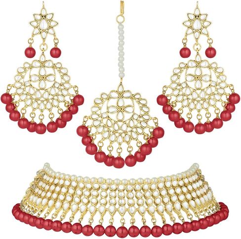 Aheli Wedding Wear Kundan Beaded Choker Necklace Set with Maang Tikka Indian Jewelry Gift for Women in Saudi Arabia