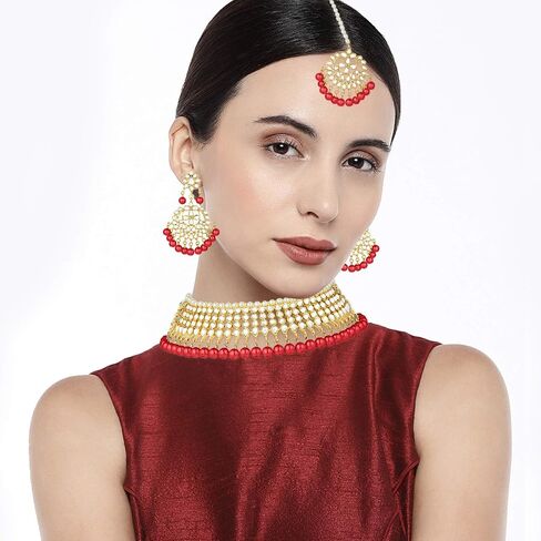 Aheli Wedding Wear Kundan Beaded Choker Necklace Set with Maang Tikka Indian Jewelry Gift for Women in Saudi Arabia