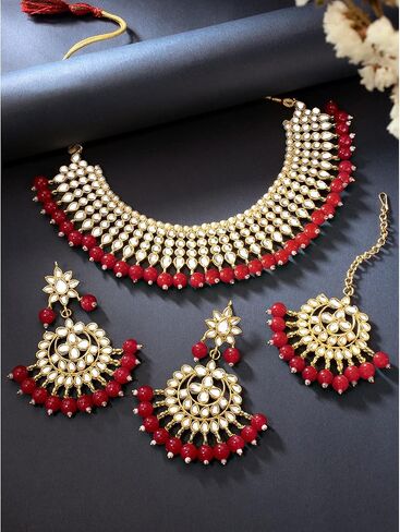 Aheli Wedding Wear Kundan Beaded Choker Necklace Set with Maang Tikka Indian Jewelry Gift for Women in Saudi Arabia