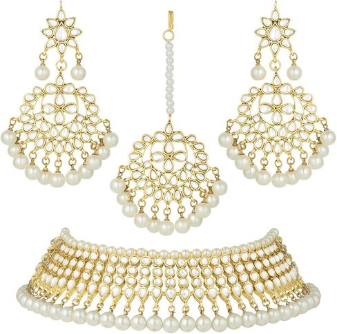 Aheli Wedding Wear Kundan Beaded Choker Necklace Set with Maang Tikka Indian Jewelry Gift for Women in Saudi Arabia