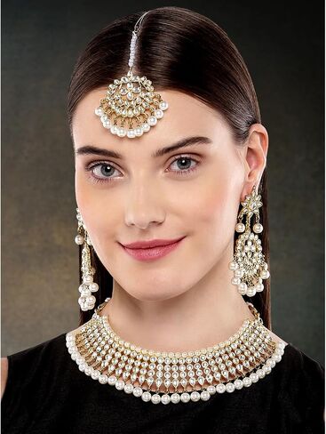 Aheli Wedding Wear Kundan Beaded Choker Necklace Set with Maang Tikka Indian Jewelry Gift for Women in Saudi Arabia