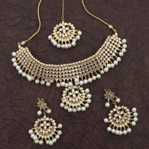 Aheli Wedding Wear Kundan Beaded Choker Necklace Set with Maang Tikka Indian Jewelry Gift for Women in Saudi Arabia