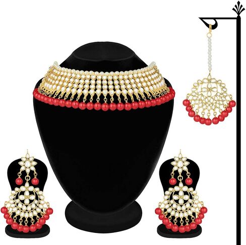 Aheli Wedding Wear Kundan Beaded Choker Necklace Set with Maang Tikka Indian Jewelry Gift for Women in Saudi Arabia