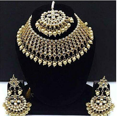 Aheli Wedding Wear Kundan Beaded Choker Necklace Set with Maang Tikka Indian Jewelry Gift for Women in Saudi Arabia