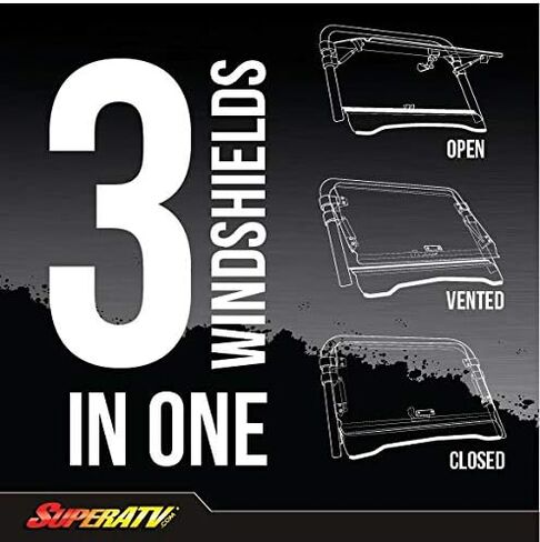 SuperATV 1/4" Polycarbonate Flip Windshield for 2018+ Polaris Ranger XP 1000 / 2019+ Polaris Ranger XP 1000 Crew | 2 in 1 Fully Closed or Flipped Up Positions | Scratch-Resistant | Made in the USA in Kuwait