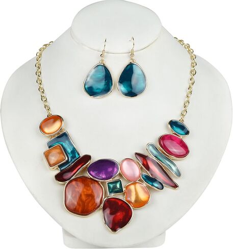 Vintage Colorful Crystal Bubble Chunky Statement Necklace Earrings Set Wedding Party Jewelry in Kuwait