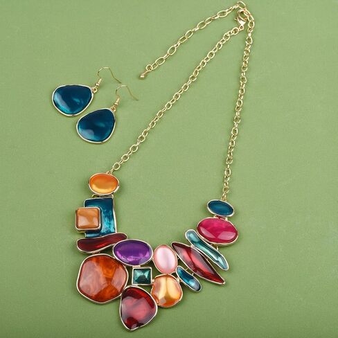 Vintage Colorful Crystal Bubble Chunky Statement Necklace Earrings Set Wedding Party Jewelry in Kuwait