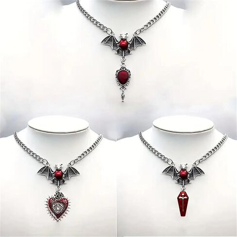 GYRMMUE Gothic Bat Necklace for Women,Vintage Red Crystal Gem Bat/Vampire/Coffin/Heart Necklace Punk Style Mysterious Necklace Halloween Jewelry in Saudi Arabia