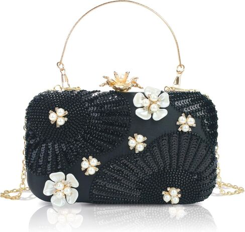 Women Pearls Beaded Clutch Flower Sequins Evening Handbag Chain Strap Shoulder Bag in Kuwait