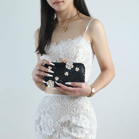 Women Pearls Beaded Clutch Flower Sequins Evening Handbag Chain Strap Shoulder Bag in Kuwait