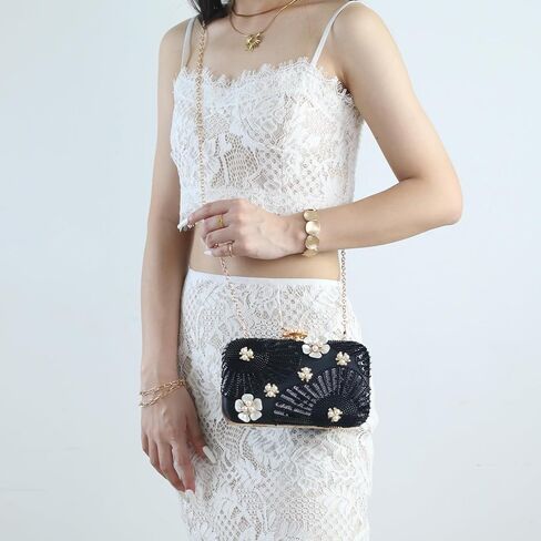 Women Pearls Beaded Clutch Flower Sequins Evening Handbag Chain Strap Shoulder Bag in Kuwait
