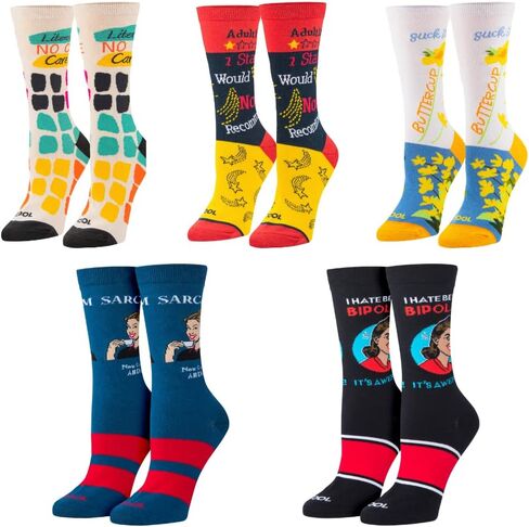 Cool Sock - Attitude Sarcastic Crew Sock Value Bundle - 5 Pairs Funny Swear Word Gift Set - Size Medium for Men, Women & Kids - Curse Saying Novelty Sock Pack - Comfy Cotton Blend - Cool for Adults in Saudi Arabia